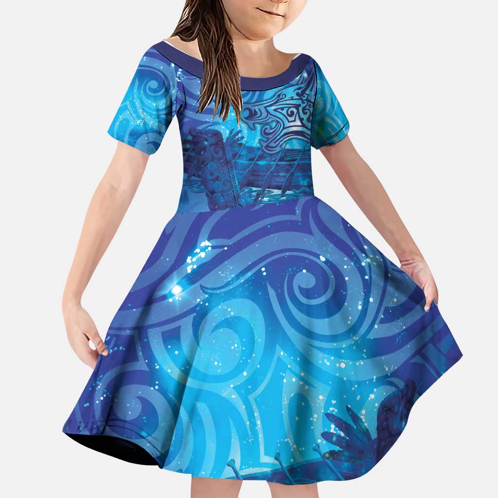 Kuri New Zealand Matariki Family Matching Off Shoulder Short Dress and Hawaiian Shirt Aotearoa Dog Waka Maori New Year Galaxy Vibes LT14 Daughter's Dress Blue - Polynesian Pride