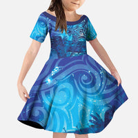 Kuri New Zealand Matariki Family Matching Off Shoulder Short Dress and Hawaiian Shirt Aotearoa Dog Waka Maori New Year Galaxy Vibes LT14 Daughter's Dress Blue - Polynesian Pride