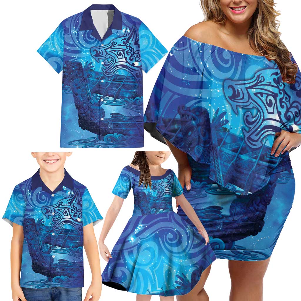 Kuri New Zealand Matariki Family Matching Off Shoulder Short Dress and Hawaiian Shirt Aotearoa Dog Waka Maori New Year Galaxy Vibes LT14 - Polynesian Pride