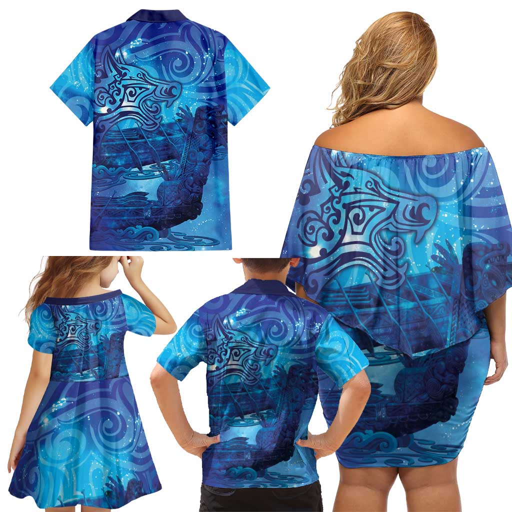 Kuri New Zealand Matariki Family Matching Off Shoulder Short Dress and Hawaiian Shirt Aotearoa Dog Waka Maori New Year Galaxy Vibes LT14 - Polynesian Pride