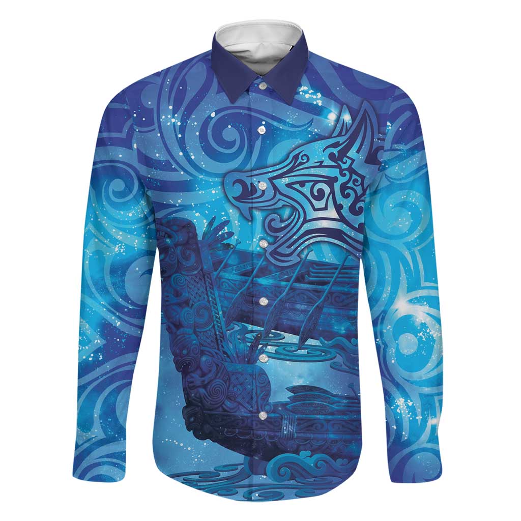 Kuri New Zealand Matariki Family Matching Off Shoulder Short Dress and Hawaiian Shirt Aotearoa Dog Waka Maori New Year Galaxy Vibes LT14 Dad's Shirt - Long Sleeve Blue - Polynesian Pride