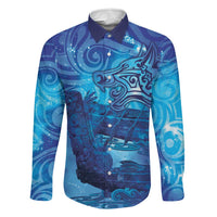 Kuri New Zealand Matariki Family Matching Off Shoulder Short Dress and Hawaiian Shirt Aotearoa Dog Waka Maori New Year Galaxy Vibes LT14 Dad's Shirt - Long Sleeve Blue - Polynesian Pride