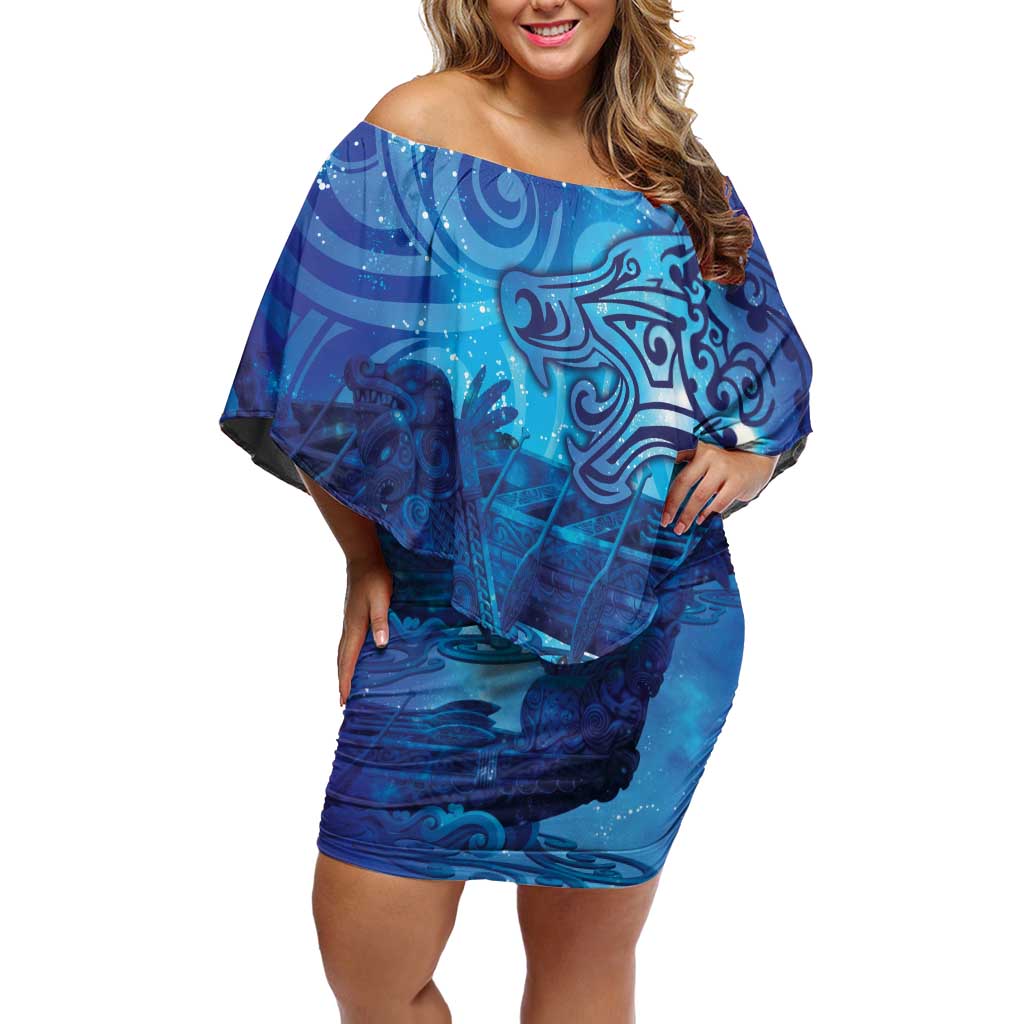 Kuri New Zealand Matariki Family Matching Off Shoulder Short Dress and Hawaiian Shirt Aotearoa Dog Waka Maori New Year Galaxy Vibes LT14 Mom's Dress Blue - Polynesian Pride