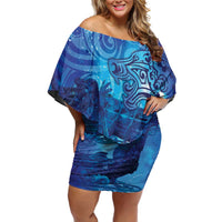 Kuri New Zealand Matariki Family Matching Off Shoulder Short Dress and Hawaiian Shirt Aotearoa Dog Waka Maori New Year Galaxy Vibes LT14 Mom's Dress Blue - Polynesian Pride
