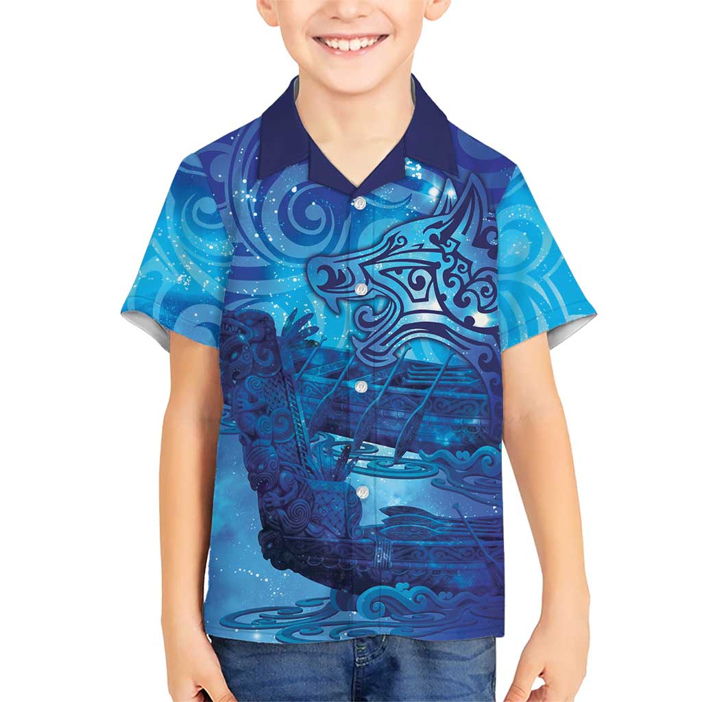 Kuri New Zealand Matariki Family Matching Off Shoulder Short Dress and Hawaiian Shirt Aotearoa Dog Waka Maori New Year Galaxy Vibes LT14 Son's Shirt Blue - Polynesian Pride