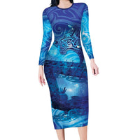 Kuri New Zealand Matariki Long Sleeve Bodycon Dress Aotearoa Dog Waka Maori New Year Galaxy Vibes LT14 Long Dress Blue - Polynesian Pride