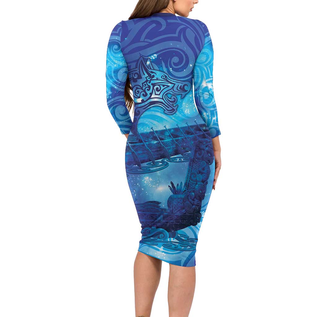 Kuri New Zealand Matariki Long Sleeve Bodycon Dress Aotearoa Dog Waka Maori New Year Galaxy Vibes LT14 - Polynesian Pride