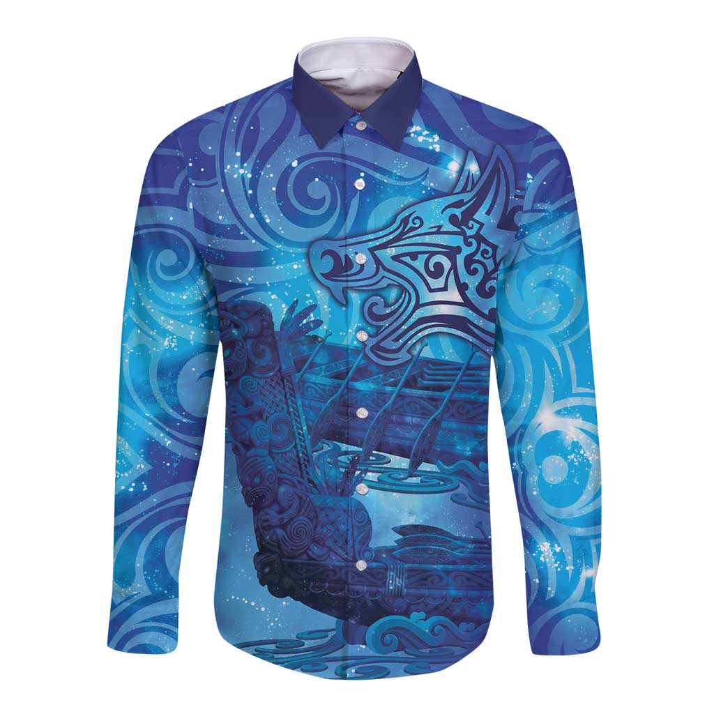 Kuri New Zealand Matariki Long Sleeve Button Shirt Aotearoa Dog Waka Maori New Year Galaxy Vibes LT14 Unisex Blue - Polynesian Pride