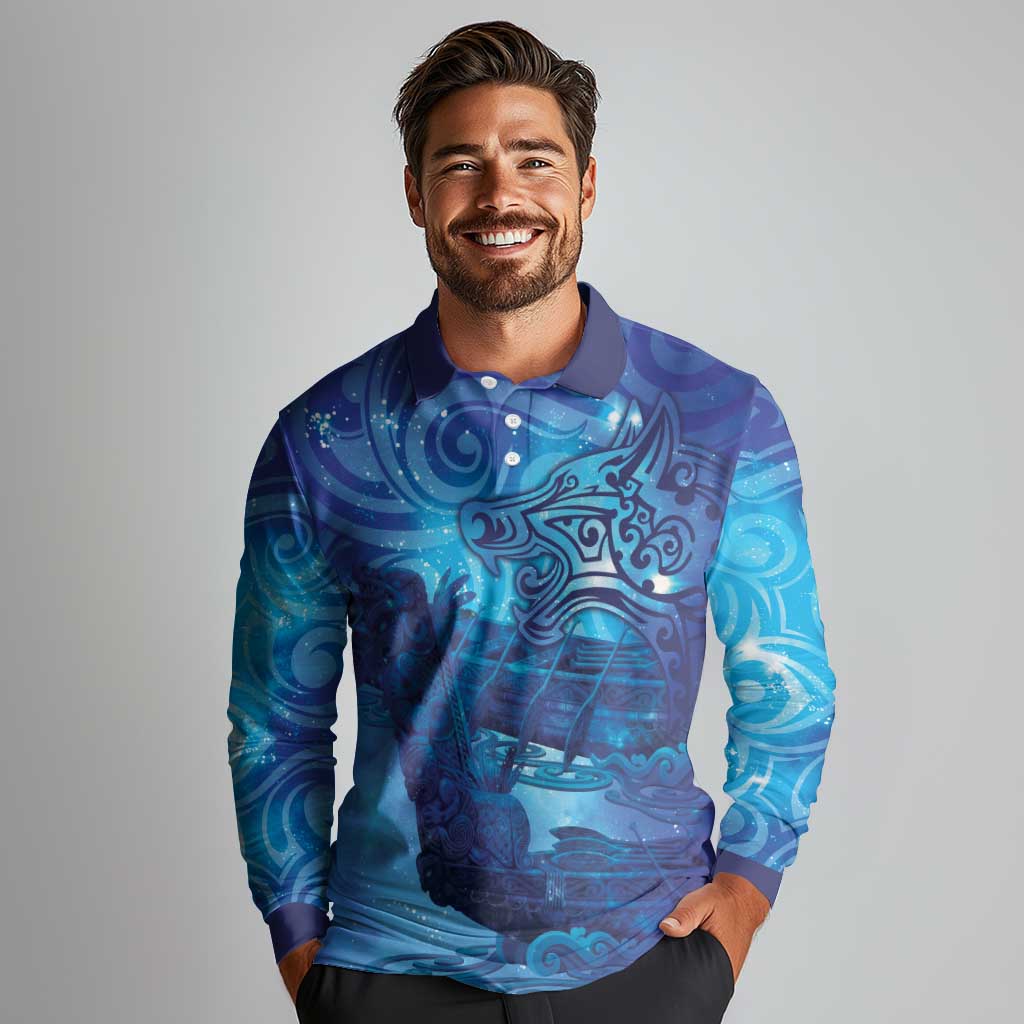 Kuri New Zealand Matariki Long Sleeve Polo Shirt Aotearoa Dog Waka Maori New Year Galaxy Vibes LT14 - Polynesian Pride