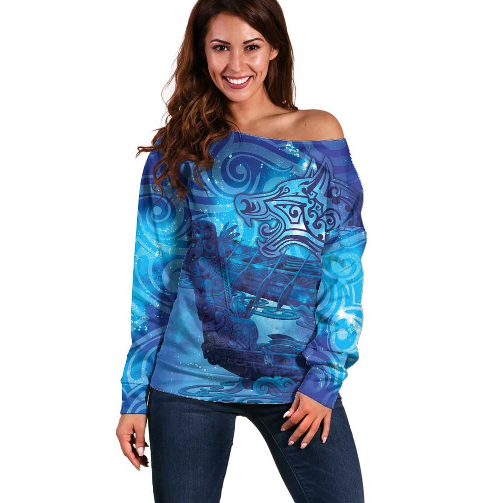 Kuri New Zealand Matariki Off Shoulder Sweater Aotearoa Dog Waka Maori New Year Galaxy Vibes