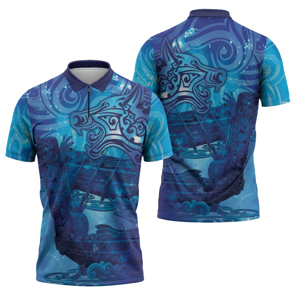 Kuri New Zealand Matariki Zipper Polo Shirt Aotearoa Dog Waka Maori New Year Galaxy Vibes LT14 - Polynesian Pride