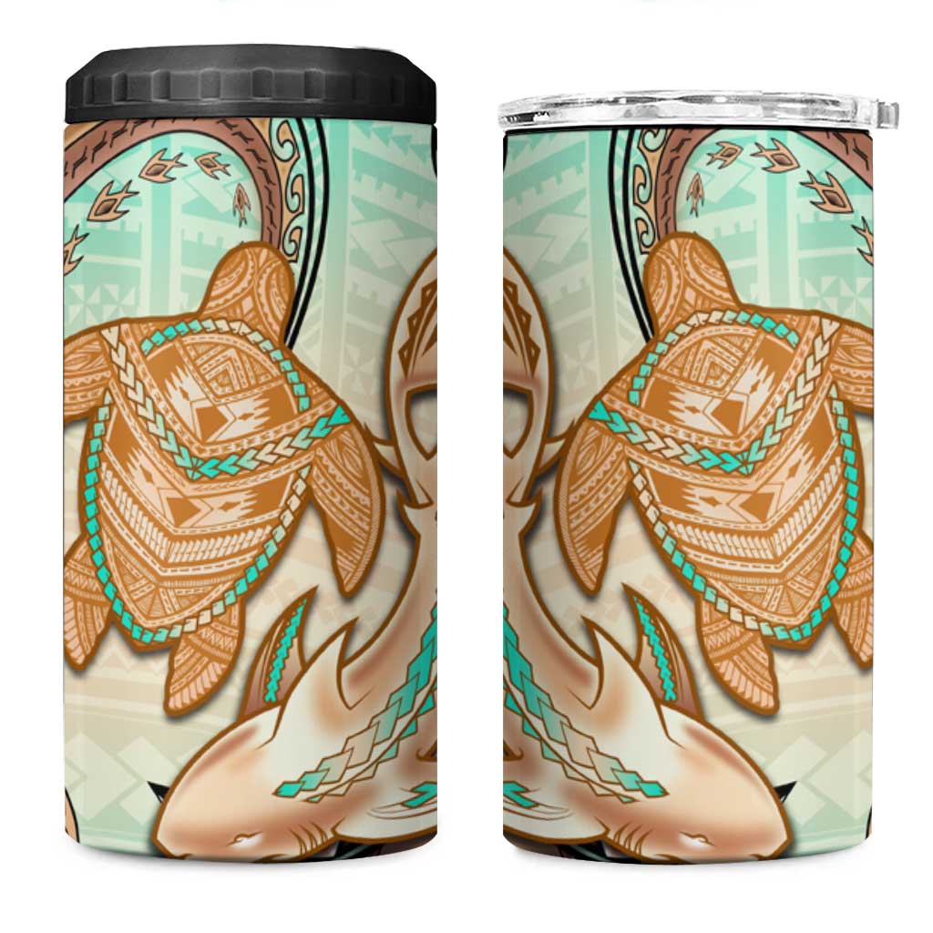 Hawaii 4 in 1 Can Cooler Tumbler Polynesian Shark and Sea Turtle Dreamy Turquoise Artsy