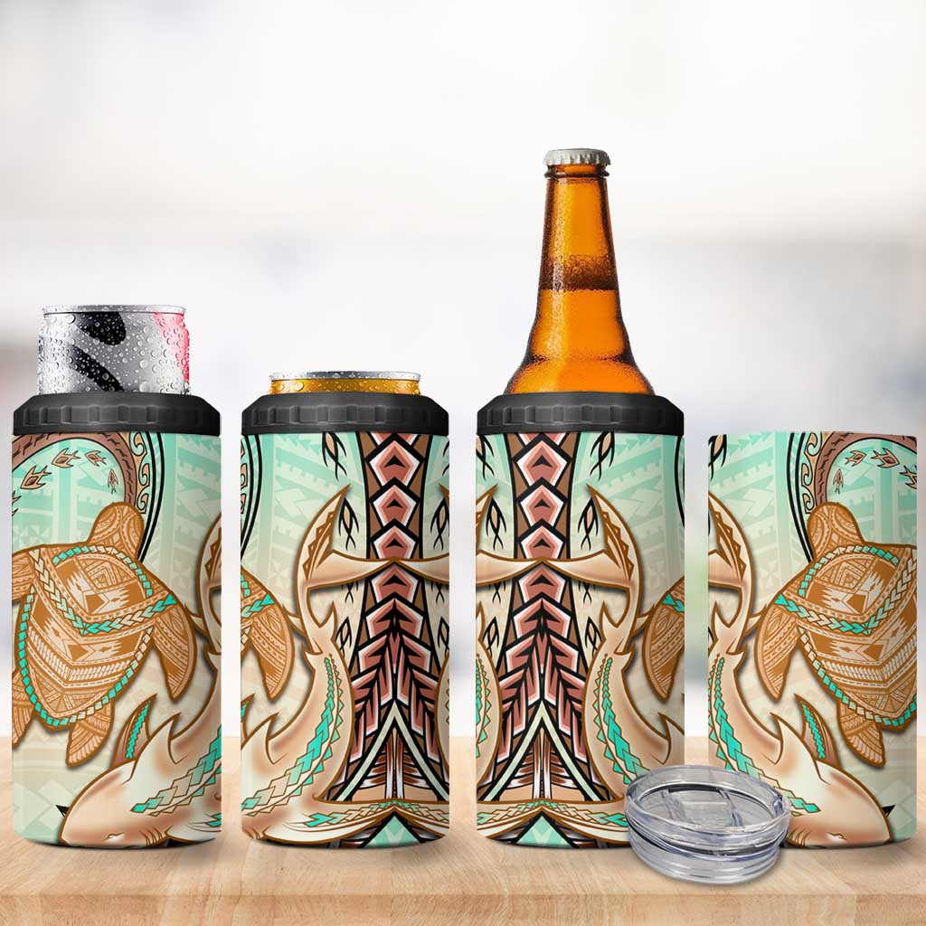 Hawaii 4 in 1 Can Cooler Tumbler Polynesian Shark and Sea Turtle Dreamy Turquoise Artsy