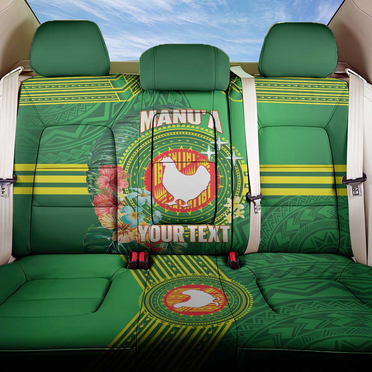 Personalized Manu'a Cession Day Back Car Seat Cover Tropical Flowers With Polynesian Pattern