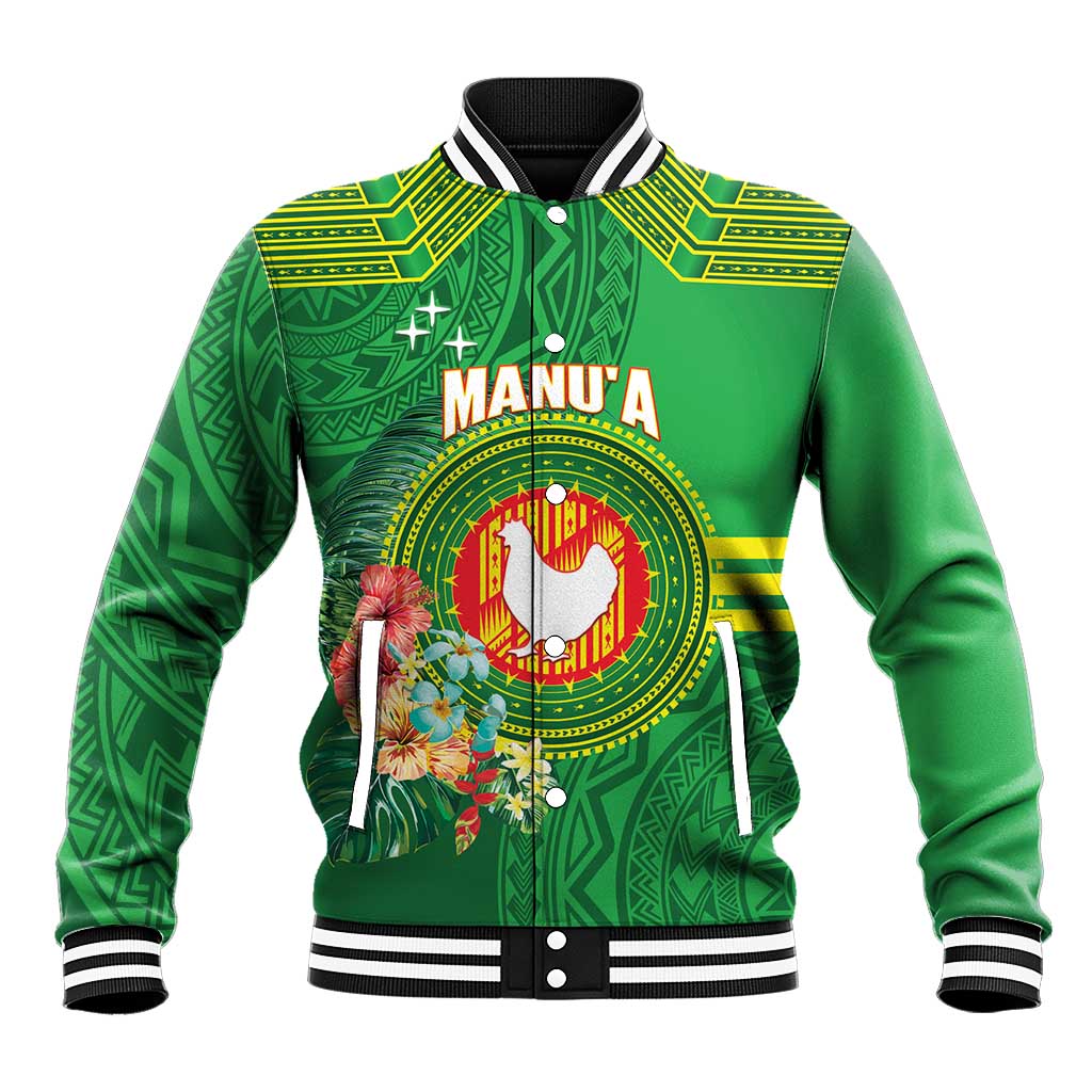 Personalized Manu'a Cession Day Baseball Jacket Tropical Flowers With Polynesian Pattern LT14 Unisex Green - Polynesian Pride