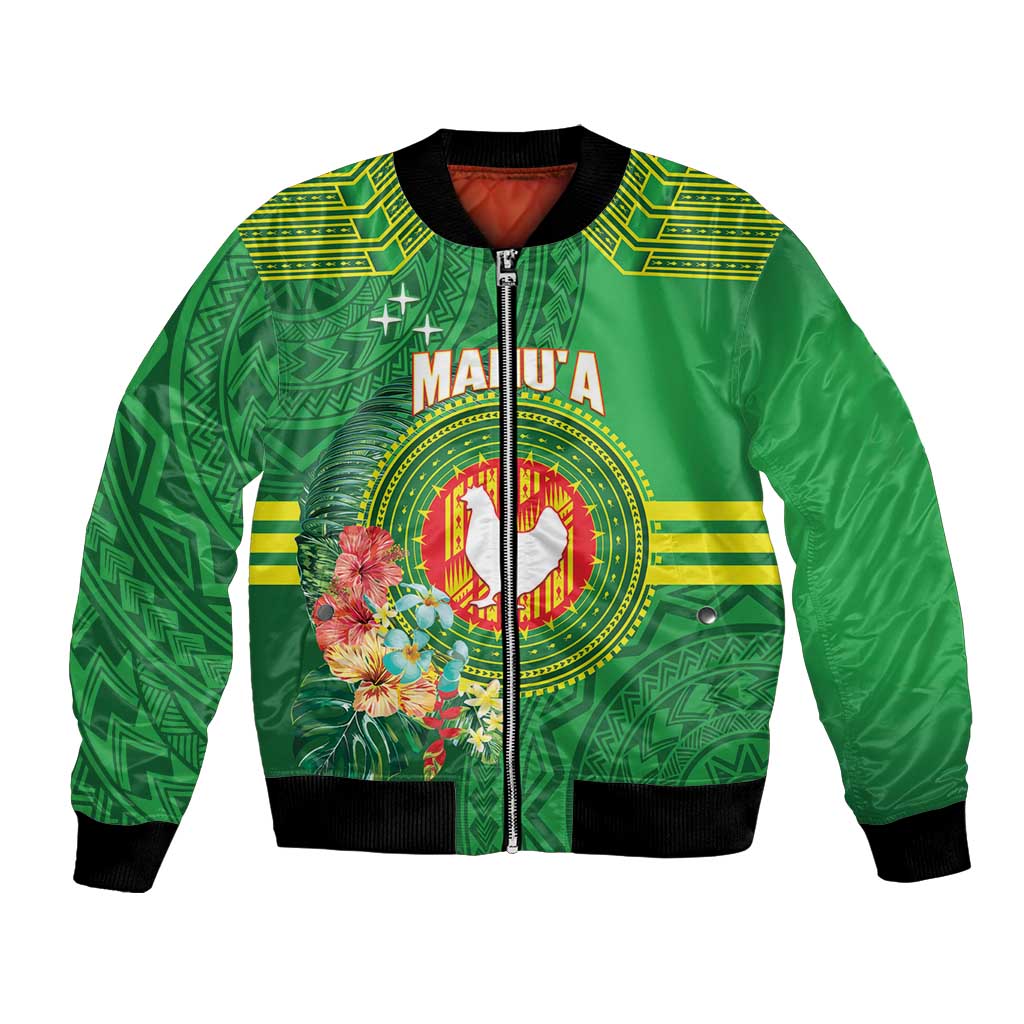 Personalized Manu'a Cession Day Bomber Jacket Tropical Flowers With Polynesian Pattern LT14 Unisex Green - Polynesian Pride