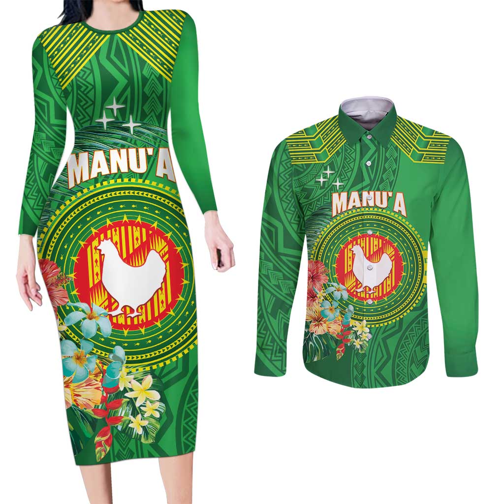 Personalized Manu'a Cession Day Couples Matching Long Sleeve Bodycon Dress and Long Sleeve Button Shirt Tropical Flowers With Polynesian Pattern