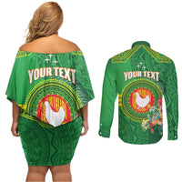 Personalized Manu'a Cession Day Couples Matching Off Shoulder Short Dress and Long Sleeve Button Shirt Tropical Flowers With Polynesian Pattern