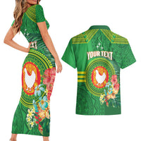 Personalized Manu'a Cession Day Couples Matching Short Sleeve Bodycon Dress and Hawaiian Shirt Tropical Flowers With Polynesian Pattern