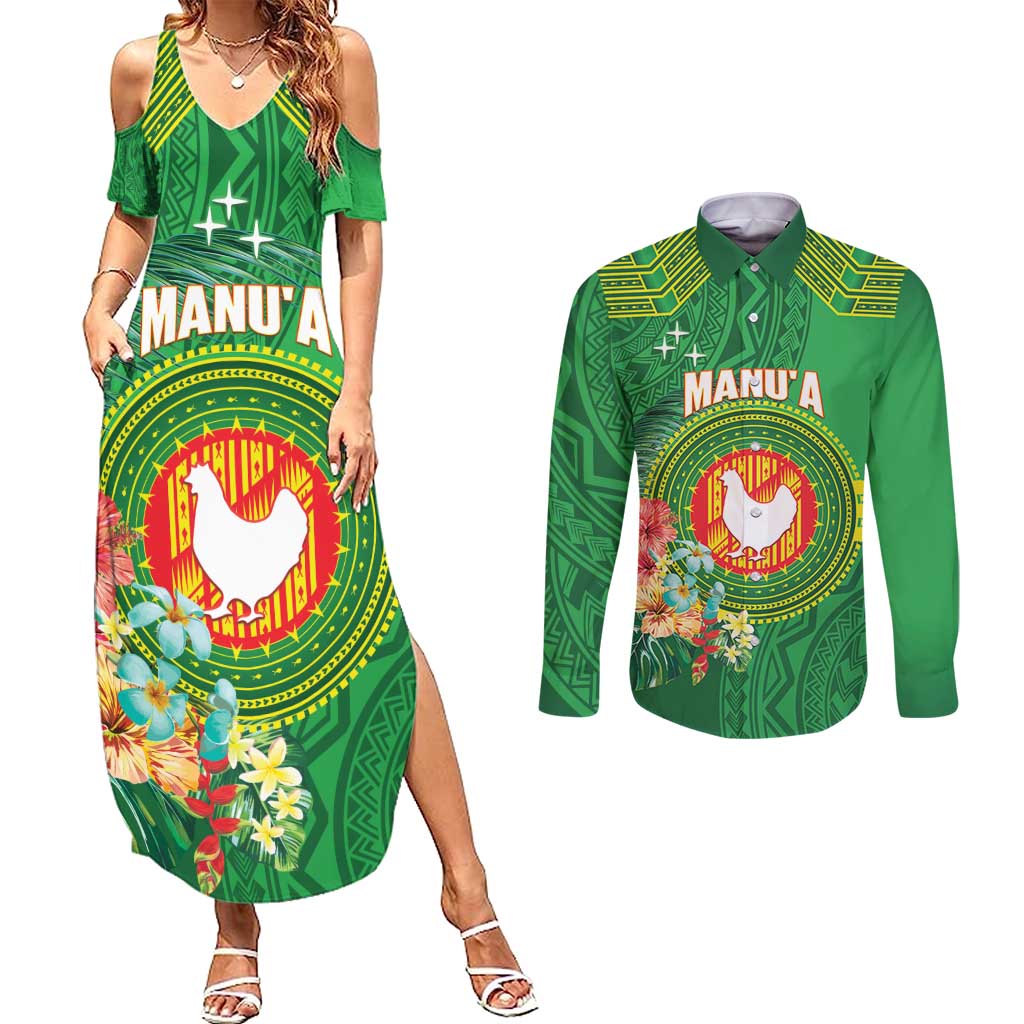 Personalized Manu'a Cession Day Couples Matching Summer Maxi Dress and Long Sleeve Button Shirt Tropical Flowers With Polynesian Pattern