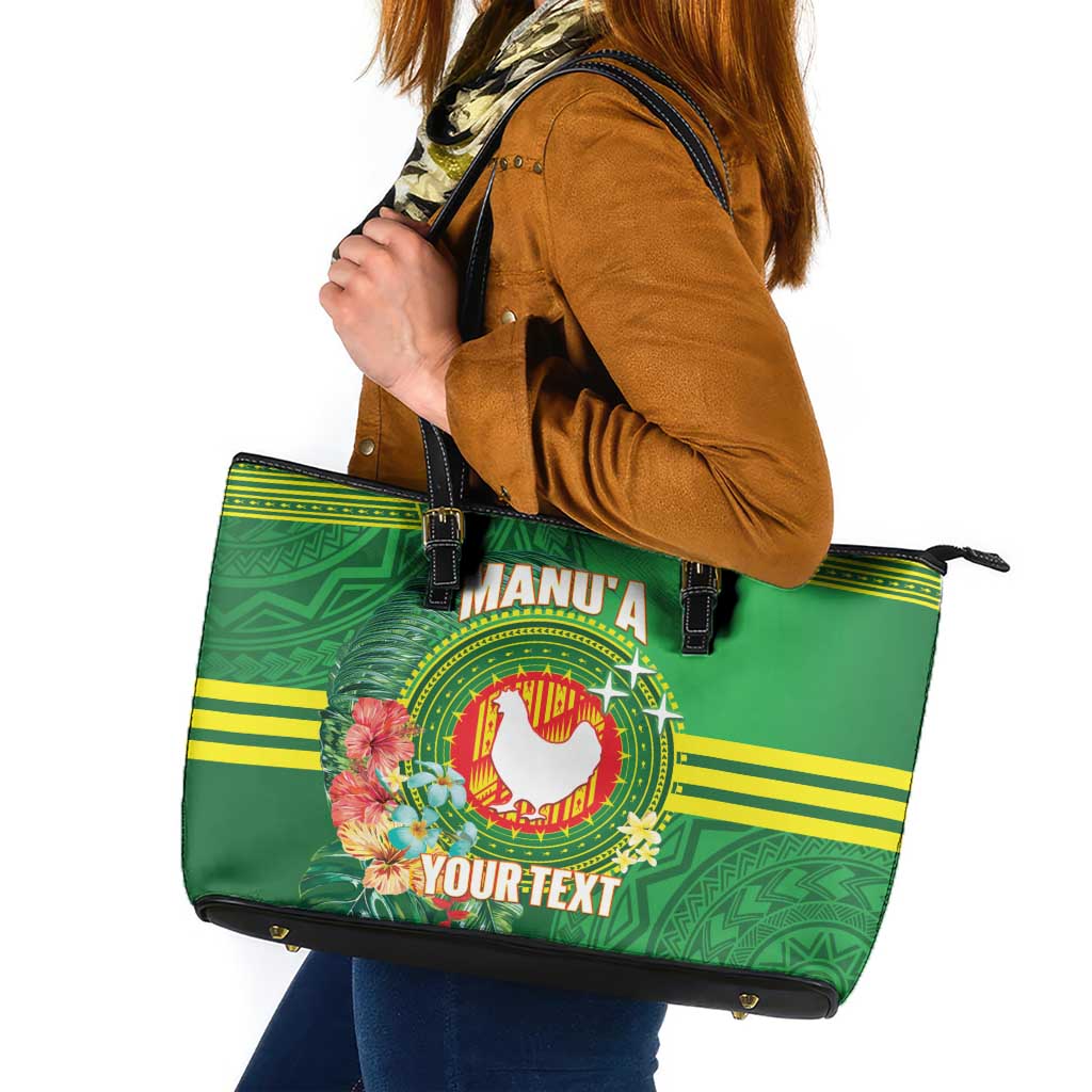 Personalized Manu'a Cession Day Leather Tote Bag Tropical Flowers With Polynesian Pattern