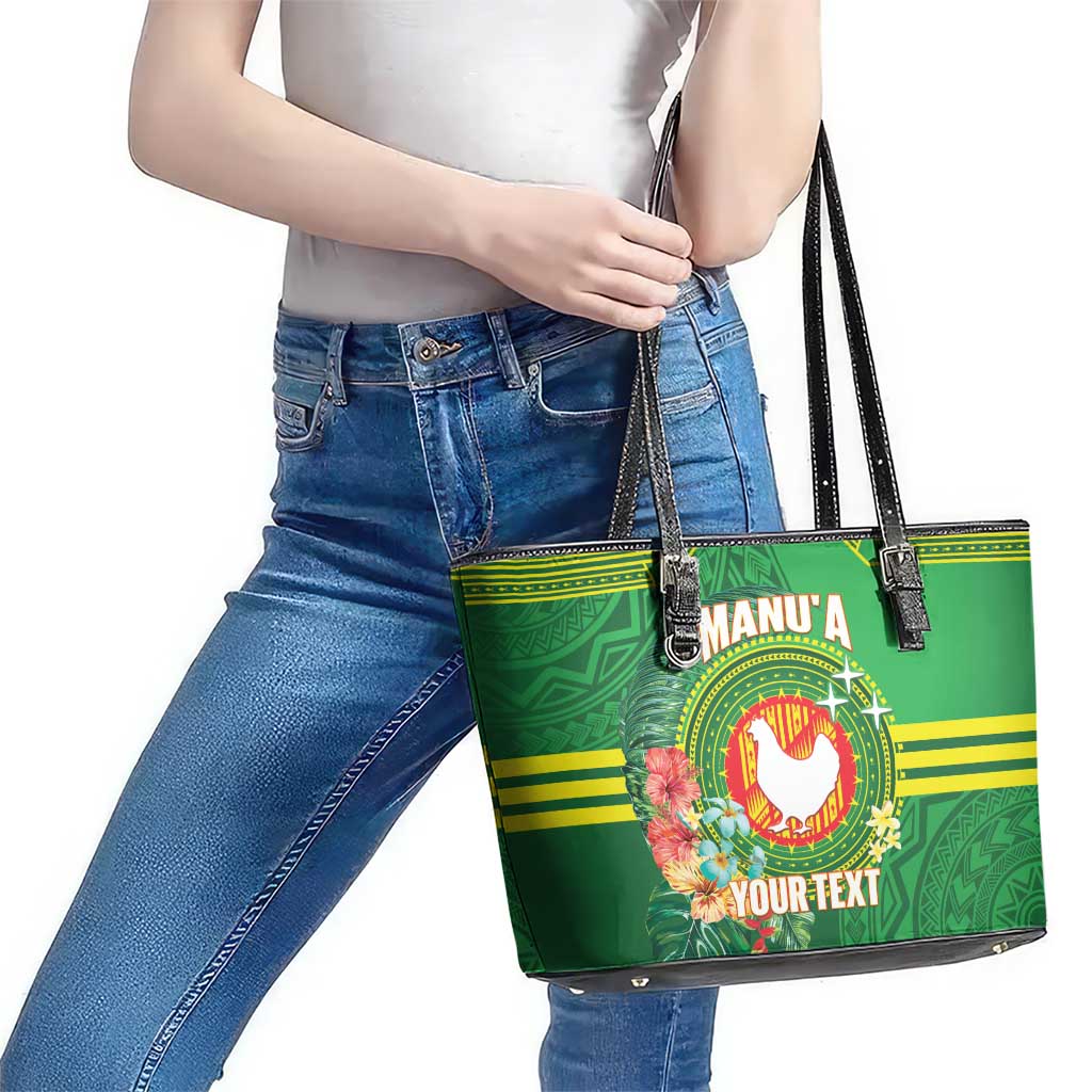 Personalized Manu'a Cession Day Leather Tote Bag Tropical Flowers With Polynesian Pattern