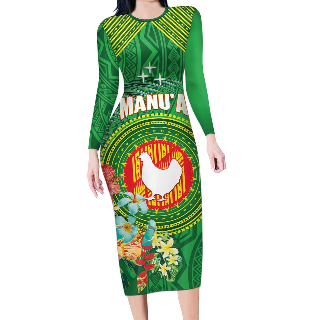 Personalized Manu'a Cession Day Long Sleeve Bodycon Dress Tropical Flowers With Polynesian Pattern