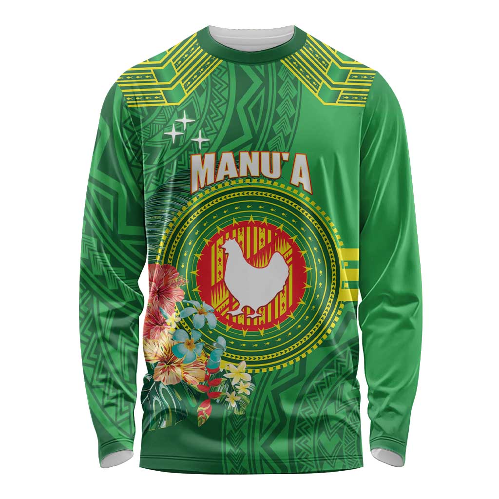 Personalized Manu'a Cession Day Long Sleeve Shirt Tropical Flowers With Polynesian Pattern LT14 Unisex Green - Polynesian Pride