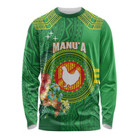 Personalized Manu'a Cession Day Long Sleeve Shirt Tropical Flowers With Polynesian Pattern LT14 Unisex Green - Polynesian Pride
