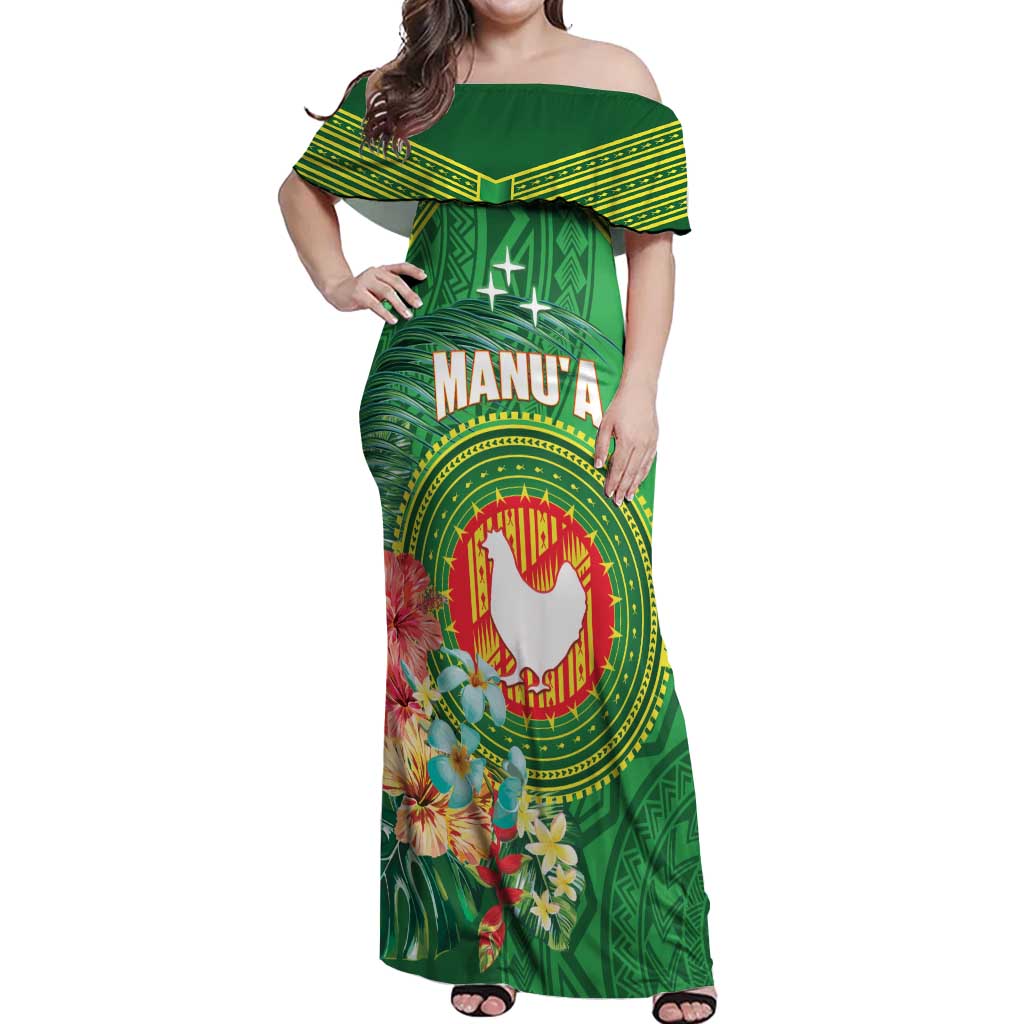 Personalized Manu'a Cession Day Off Shoulder Maxi Dress Tropical Flowers With Polynesian Pattern