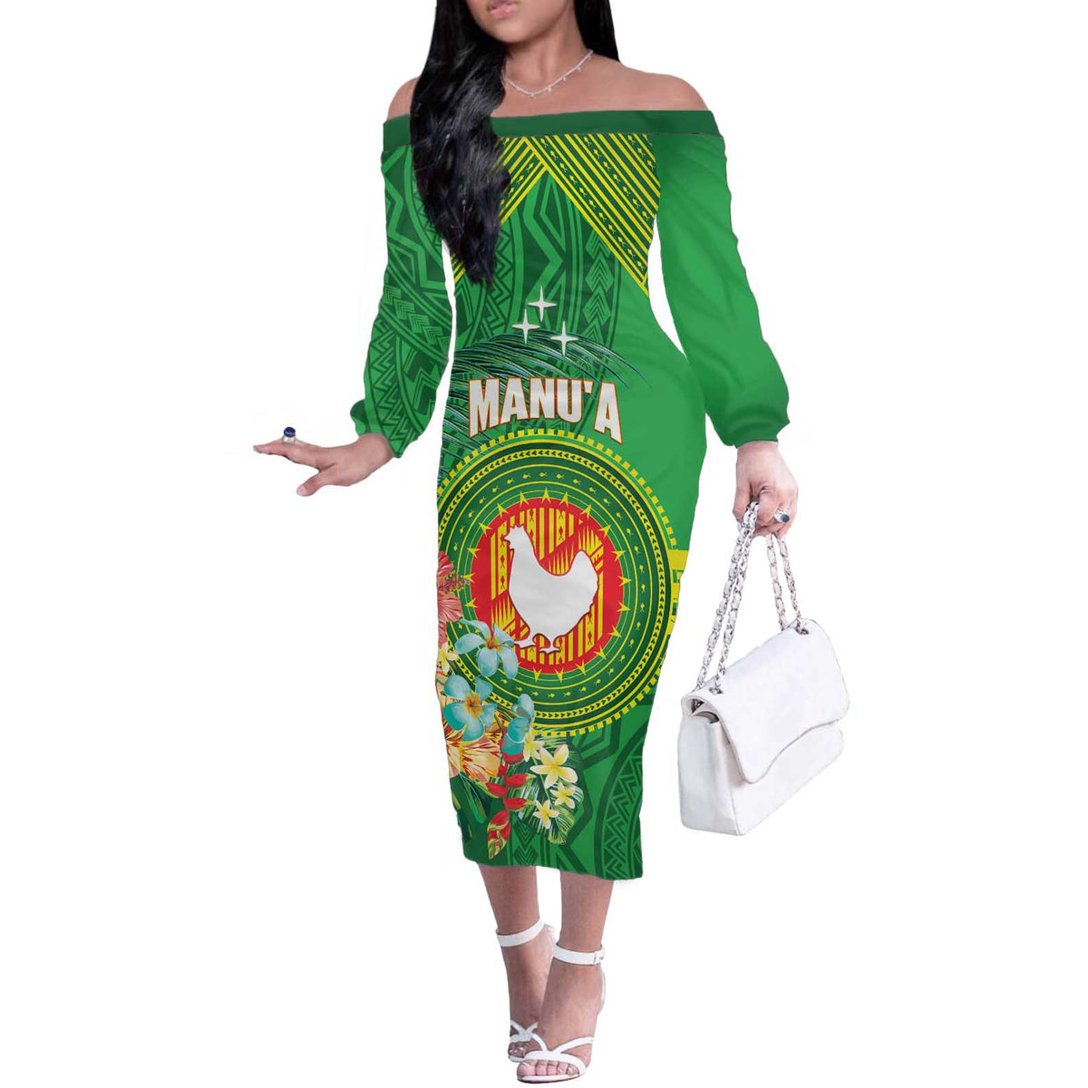 Personalized Manu'a Cession Day Off The Shoulder Long Sleeve Dress Tropical Flowers With Polynesian Pattern