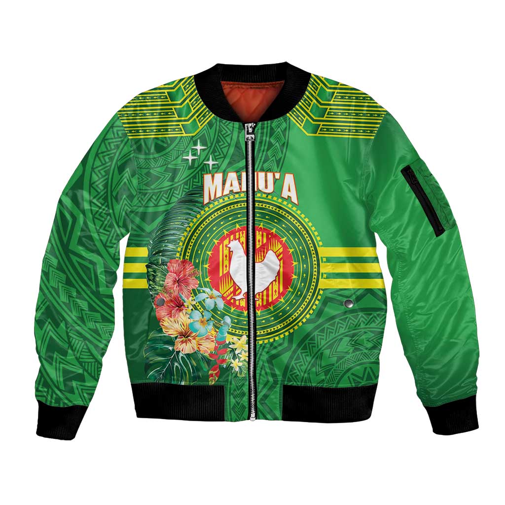 Personalized Manu'a Cession Day Sleeve Zip Bomber Jacket Tropical Flowers With Polynesian Pattern LT14 Unisex Green - Polynesian Pride