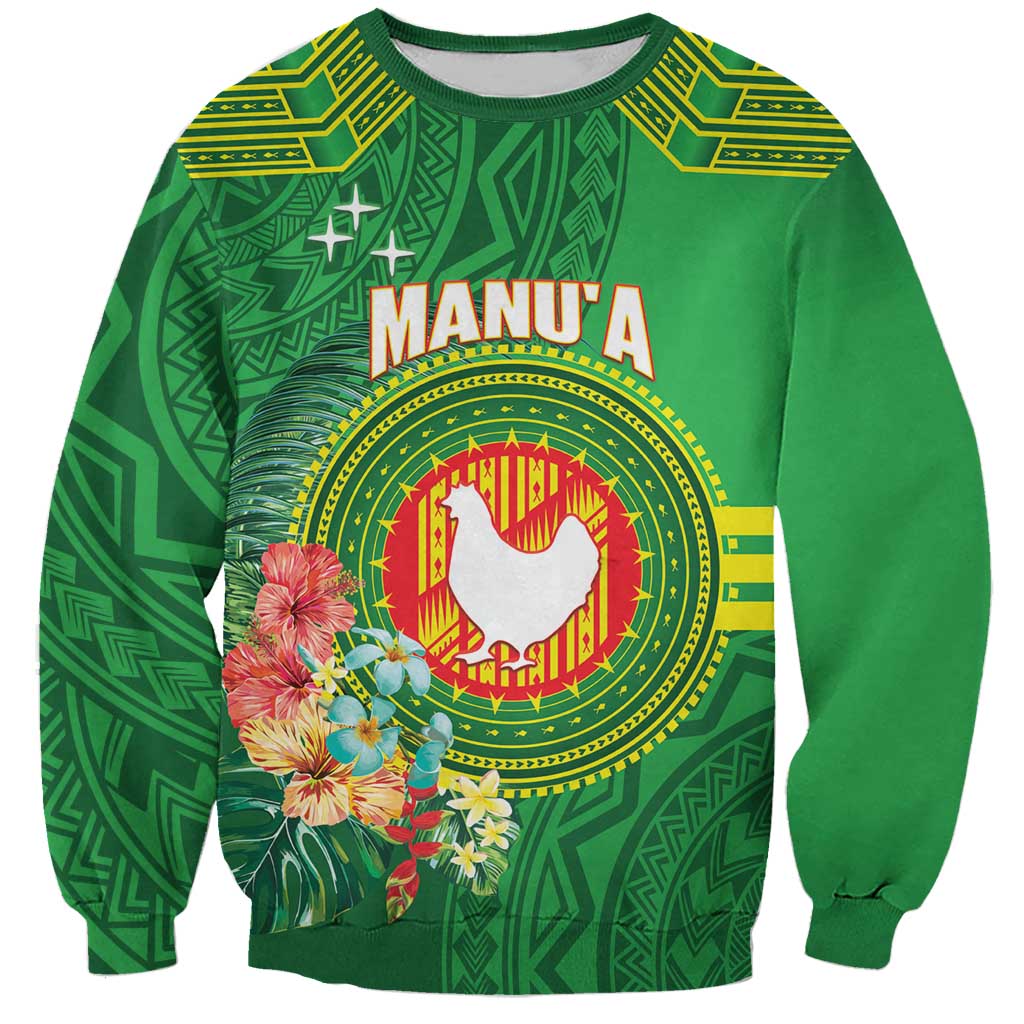 Personalized Manu'a Cession Day Sweatshirt Tropical Flowers With Polynesian Pattern LT14 Unisex Green - Polynesian Pride