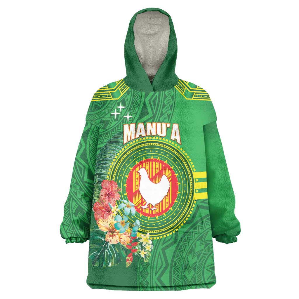 Personalized Manu'a Cession Day Wearable Blanket Hoodie Tropical Flowers With Polynesian Pattern