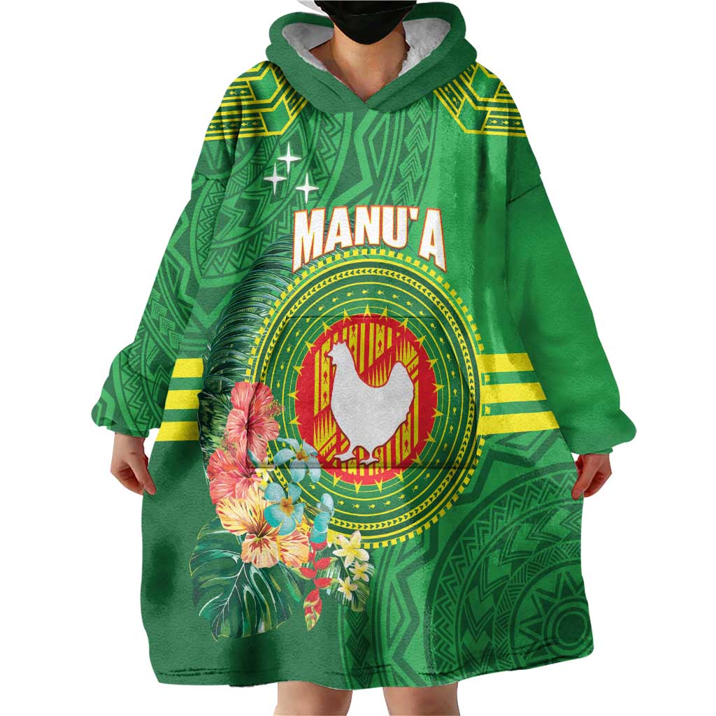 Personalized Manu'a Cession Day Wearable Blanket Hoodie Tropical Flowers With Polynesian Pattern