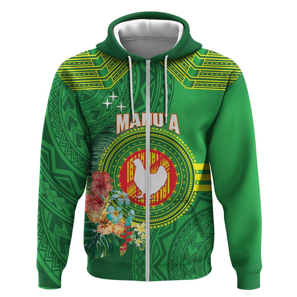 Personalized Manu'a Cession Day Zip Hoodie Tropical Flowers With Polynesian Pattern LT14 Zip Hoodie Green - Polynesian Pride