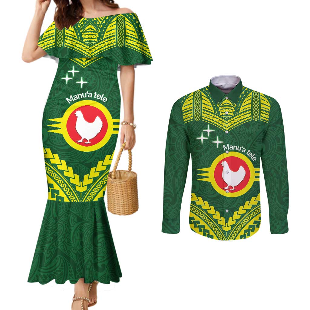 Manu'a Flag Day Couples Matching Mermaid Dress and Long Sleeve Button Shirt Polynesian Pattern National Color Proud