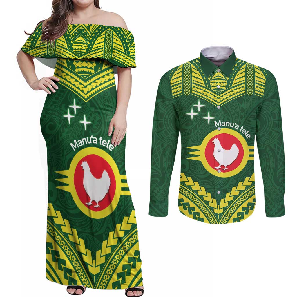Manu'a Flag Day Couples Matching Off Shoulder Maxi Dress and Long Sleeve Button Shirt Polynesian Pattern National Color Proud