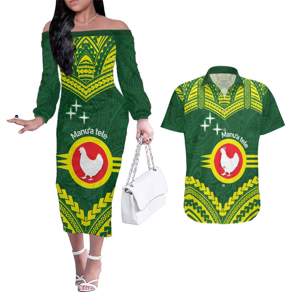 Manu'a Flag Day Couples Matching Off The Shoulder Long Sleeve Dress and Hawaiian Shirt Polynesian Pattern National Color Proud