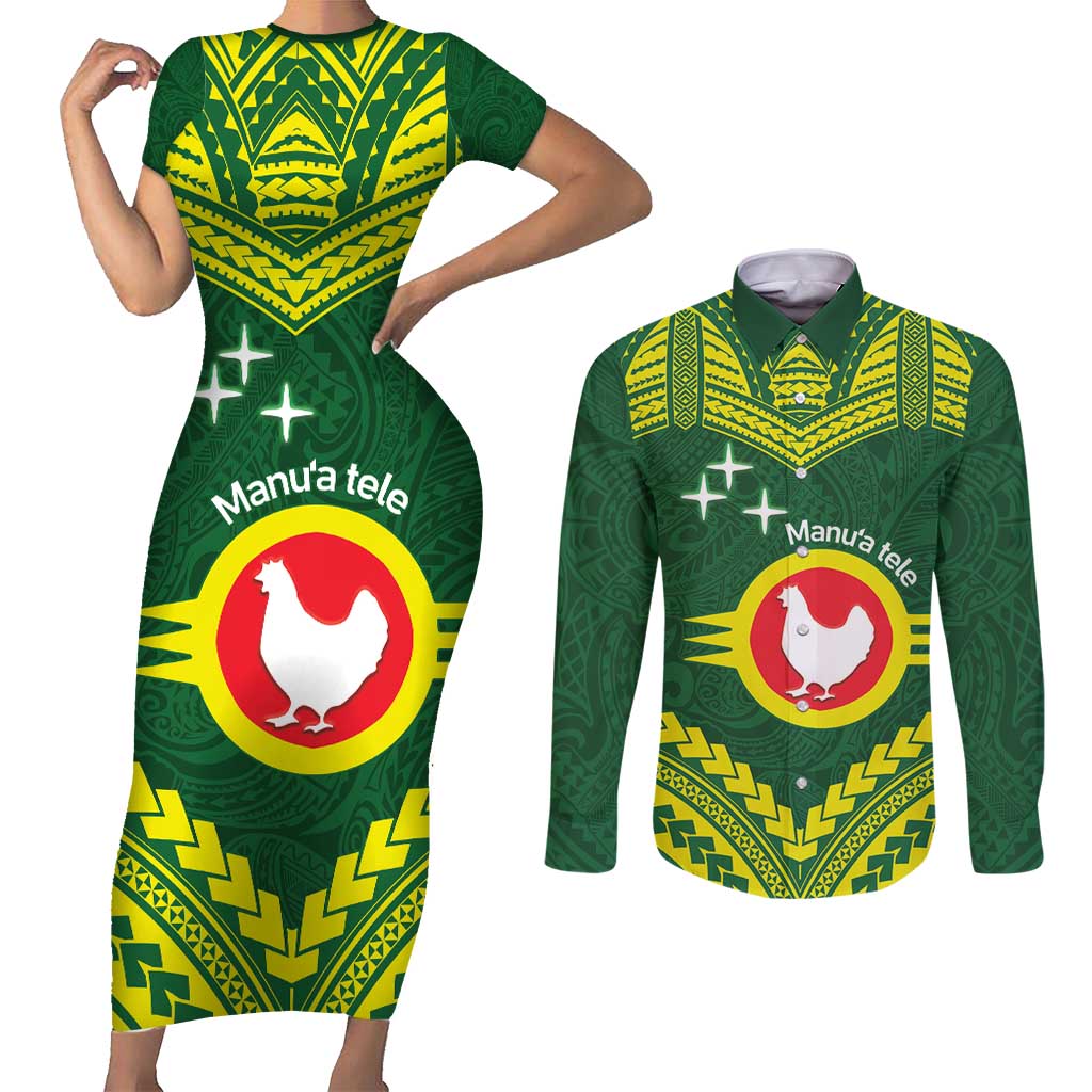 Manu'a Flag Day Couples Matching Short Sleeve Bodycon Dress and Long Sleeve Button Shirt Polynesian Pattern National Color Proud