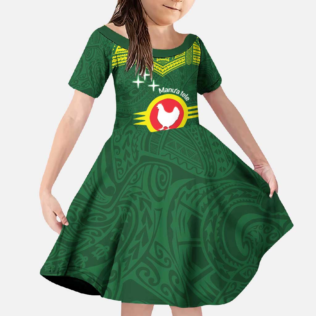 Manu'a Flag Day Family Matching Off Shoulder Maxi Dress and Hawaiian Shirt Polynesian Pattern National Color Proud LT14 Daughter's Dress Green - Polynesian Pride