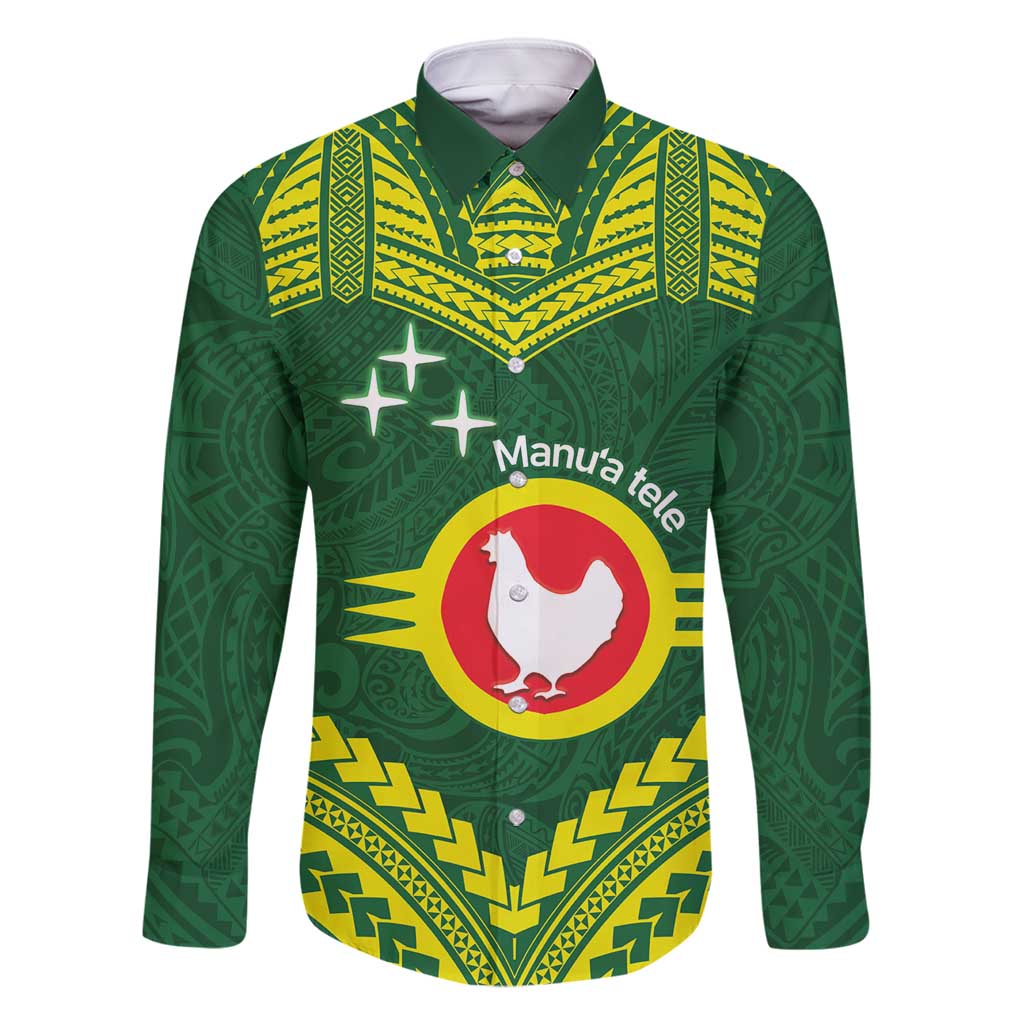 Manu'a Flag Day Family Matching Off Shoulder Maxi Dress and Hawaiian Shirt Polynesian Pattern National Color Proud LT14 Dad's Shirt - Long Sleeve Green - Polynesian Pride