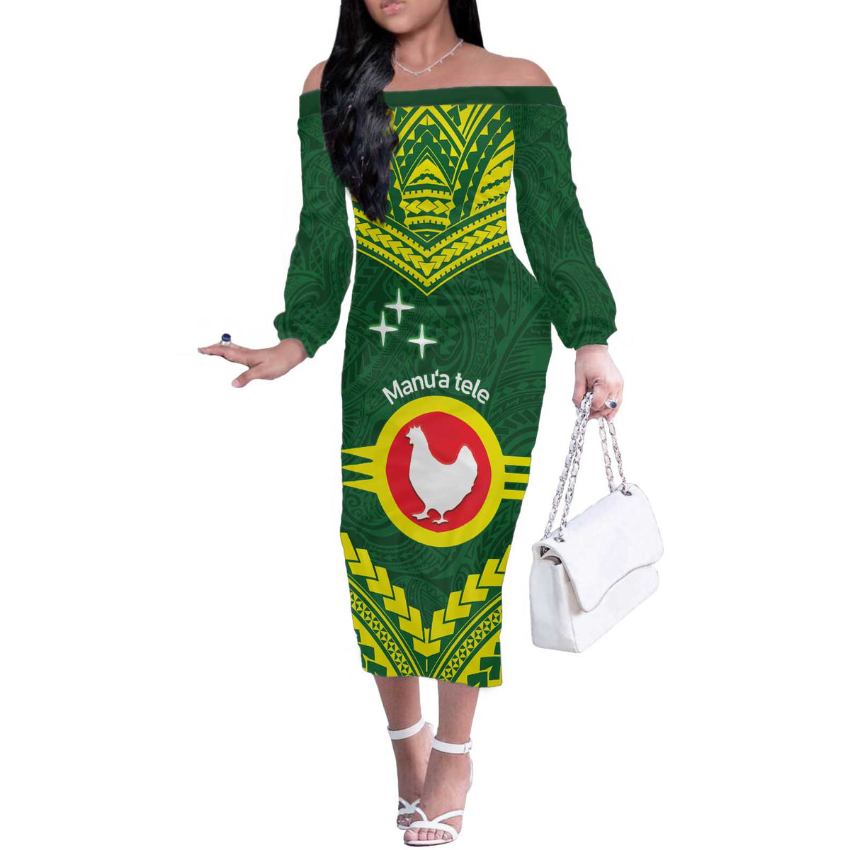 Manu'a Flag Day Off The Shoulder Long Sleeve Dress Polynesian Pattern National Color Proud