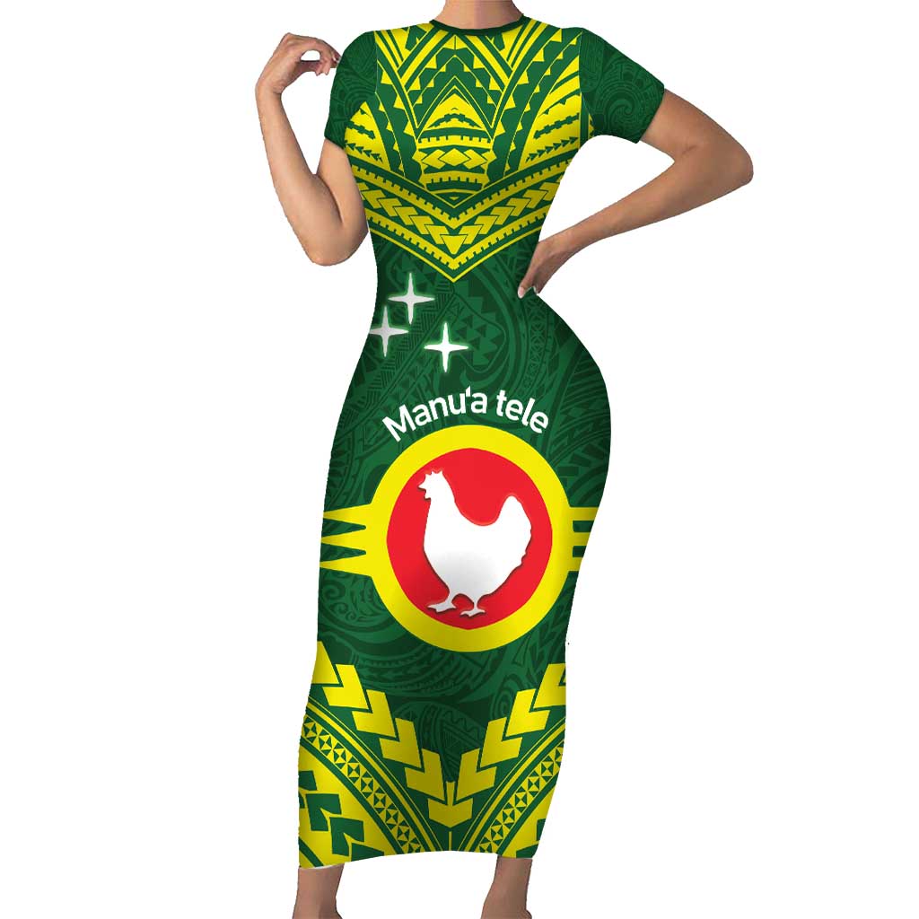 Manu'a Flag Day Short Sleeve Bodycon Dress Polynesian Pattern National Color Proud