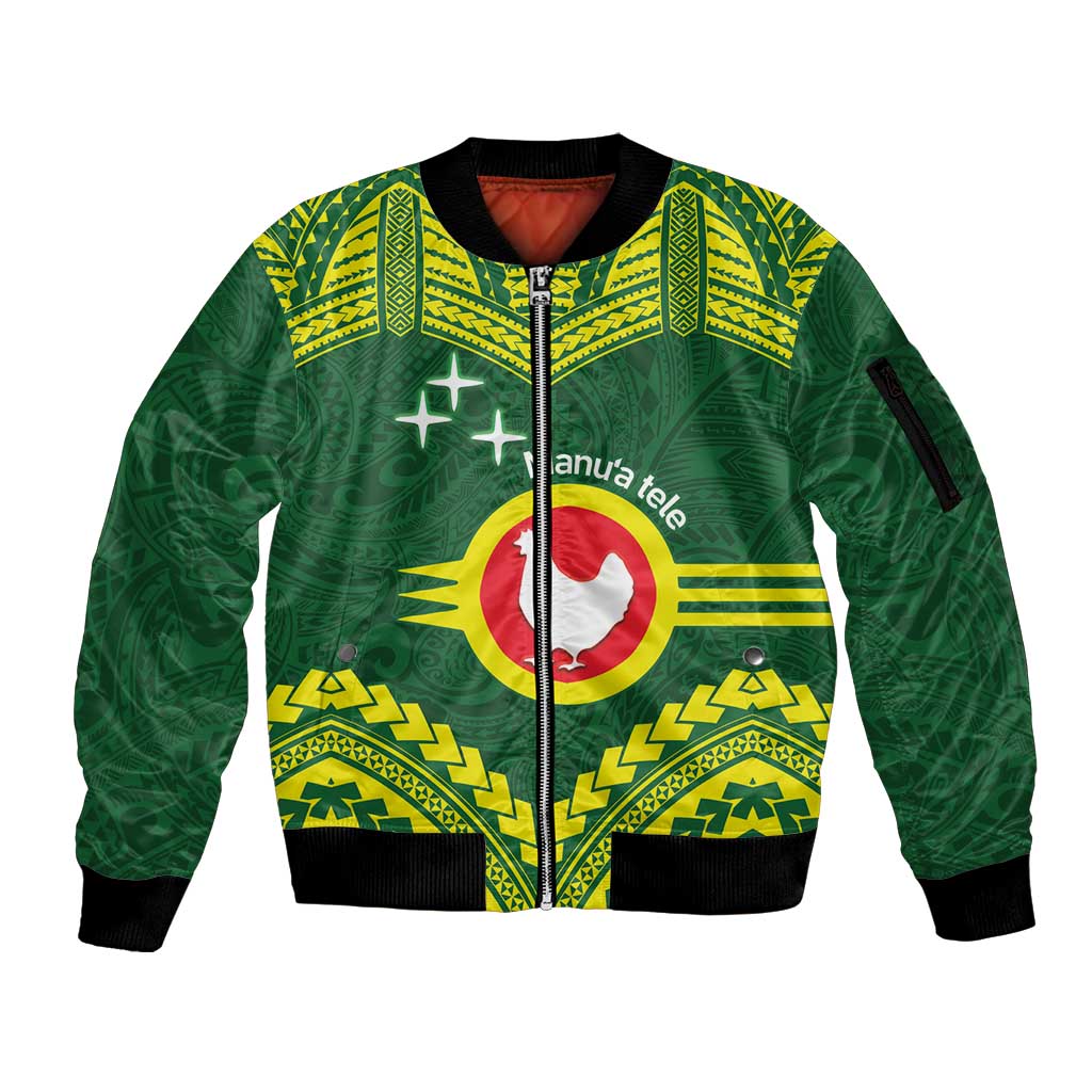 Manu'a Flag Day Sleeve Zip Bomber Jacket Polynesian Pattern National Color Proud LT14 Unisex Green - Polynesian Pride