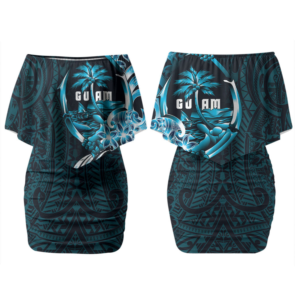Asut Guam Chamorro Family Matching Off Shoulder Short Dress and Hawaiian Shirt Guahan Seal Tattoo LT14 Mom's Dress Blue - Polynesian Pride