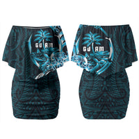 Asut Guam Chamorro Family Matching Off Shoulder Short Dress and Hawaiian Shirt Guahan Seal Tattoo LT14 Mom's Dress Blue - Polynesian Pride