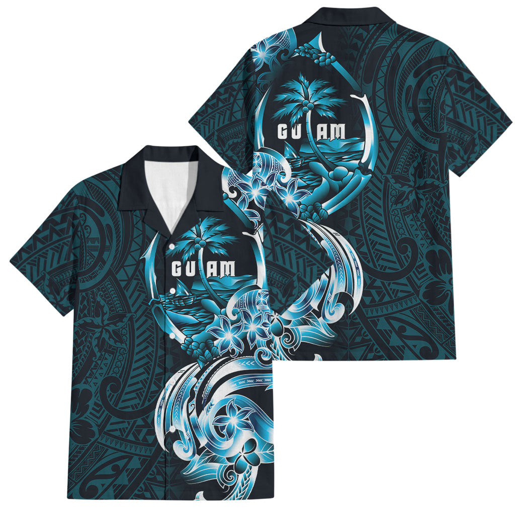 Asut Guam Chamorro Family Matching Off Shoulder Short Dress and Hawaiian Shirt Guahan Seal Tattoo LT14 Dad's Shirt - Short Sleeve Blue - Polynesian Pride