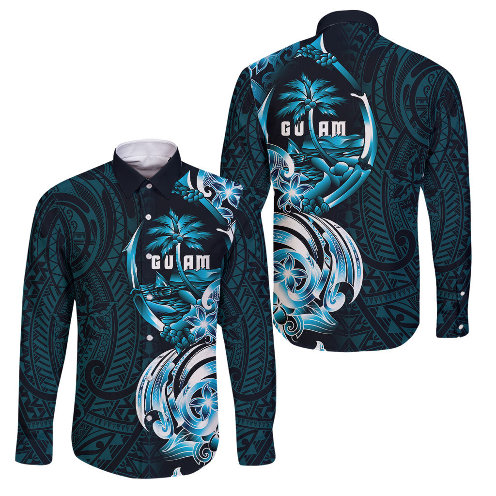 Asut Guam Chamorro Family Matching Off Shoulder Short Dress and Hawaiian Shirt Guahan Seal Tattoo LT14 Dad's Shirt - Long Sleeve Blue - Polynesian Pride