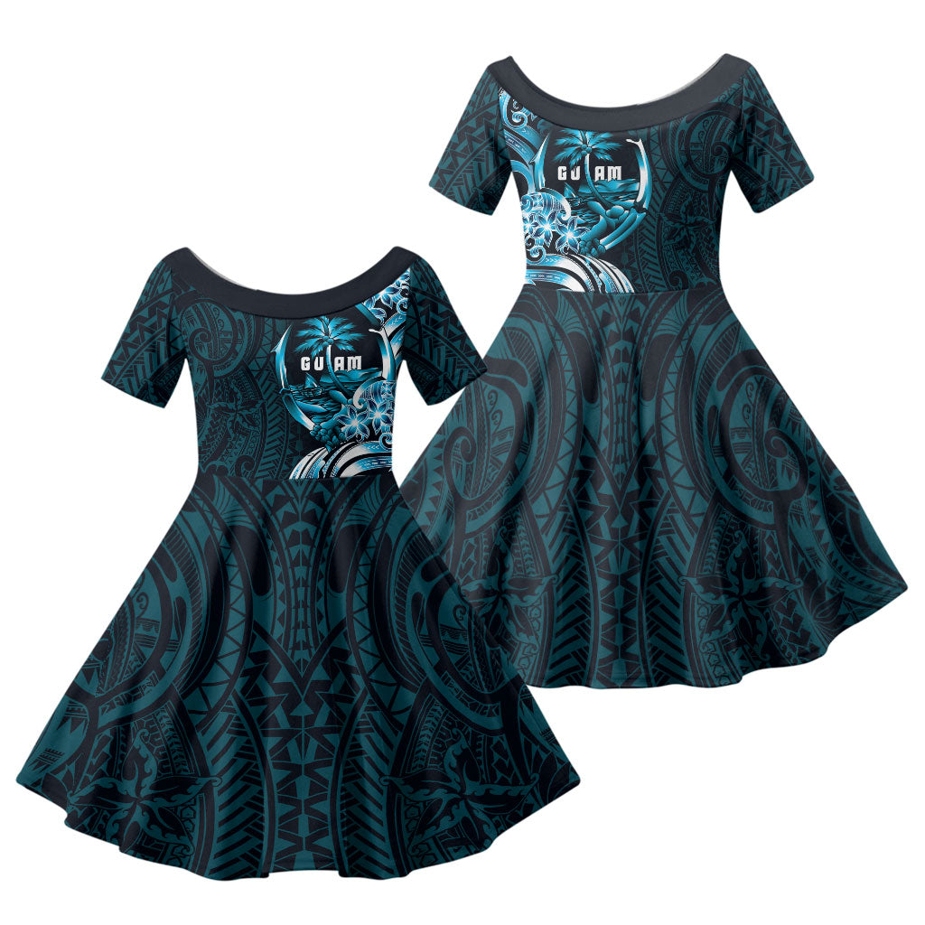 Asut Guam Chamorro Family Matching Puletasi and Hawaiian Shirt Guahan Seal Tattoo LT14 Daughter's Dress Blue - Polynesian Pride